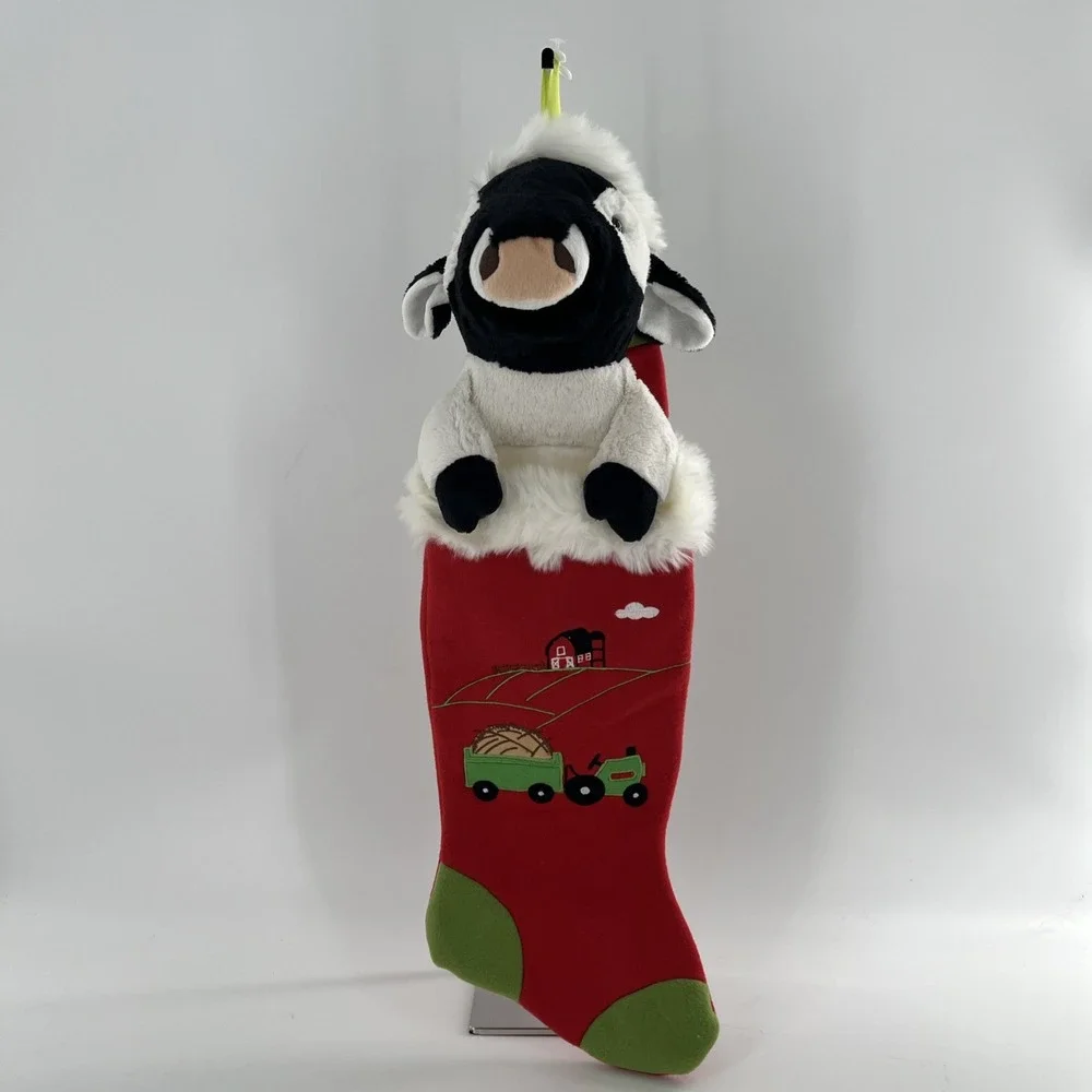 Cow 3D Plush Christmas Stocking Santa Hat Barn Tractor Applique Embroidered, 28